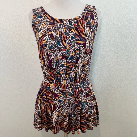 Deletta Tops - Sleeveless Multicolor Print Peplum Blouse
